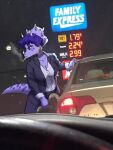  3_horns 5_fingers anthro bone_frill breasts car ceratopsian cigarette cigarette_in_mouth cleavage clothed clothing dinosaur ear_piercing ear_ring english_text female fingers first_person_view frill_(anatomy) fuel_dispenser gas_nozzle gas_station goodbye_volcano_high hair horn jacket looking_away multi_horn night object_in_mouth ornithischian photo_background photo_manipulation photography_(artwork) piercing purple_body purple_eyes purple_hair purple_scales reptile ring_piercing scales scalie shirt smoking snoot_game solo tail text topwear triceratops trish_(gvh) unknown_artist vehicle 
