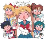  5girls aino_minako aqua_hair bishoujo_senshi_sailor_moon blonde_hair blue_eyes blue_sailor_collar blush bow brown_hair choker closed_eyes eating green_sailor_collar hino_rei kino_makoto mizuno_ami moon_(symbol) multiple_girls purple_bow purple_hair red_bow red_choker rice sailor_collar sailor_jupiter sailor_mars sailor_mercury sailor_moon sailor_venus simple_background translation_request tsubobot tsukino_usagi white_background 