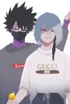  2boys ametaro_(ixxxzu) black_hair black_mask blue_eyes boku_no_hero_academia burn_scar cheek_piercing dabi_(boku_no_hero_academia) emoji grey_hair grey_sweater gucci highres looking_at_viewer male_focus mask middle_finger mouth_mask multiple_boys multiple_scars red_eyes scar scar_on_face shigaraki_tomura shirt short_hair simple_background spiked_hair staple stapled supreme_(brand) sweater white_background white_shirt wrinkled_skin 