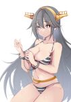  +_+ 1girl absurdres bikini breasts brown_eyes cleavage commentary_request commission cuffs grey_hair hair_ornament hairband hairclip handcuffs haruna_(kancolle) highres honma_(honmatomohiro) kantai_collection large_breasts long_hair looking_at_viewer saliva simple_background skeb_commission solo star-shaped_pupils star_(symbol) star_in_eye striped striped_bikini swimsuit symbol-shaped_pupils symbol_in_eye white_background 
