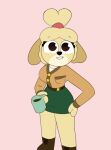  accessory animal_crossing anthro belt beverage boots bottomwear breasts brown_eyes canid canine canis clothing coffee curvy_figure dog_ears domestic_dog dress_shirt female footwear fur guak hair hair_accessory hair_bun hairband hand_on_hip humanoid isabelle_(animal_crossing) long_sleeve_shirt looking_at_viewer mammal mug nintendo secretary shaded shirt simple_background simple_shading skirt smile solo topwear yellow_body yellow_fur 