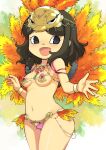  1girl :d absurdres animal_crossing bare_shoulders black_eyes breasts brown_hair cowboy_shot eyelashes feathers headdress highres jewelry legs_together looking_to_the_side medium_breasts muramasa_mikado necklace open_mouth panties pave_(animal_crossing) pink_gemstone pink_panties revealing_clothes samba short_hair smile solo standing thighs underwear villager_(animal_crossing) wristlet 
