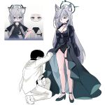  1boy 1girl ahoge animal_ear_fluff animal_ears black_choker black_dress black_halo blue_archive blue_eyes breasts broken_halo choker cleavage clothes_lift cross cross_hair_ornament dark_halo diamond-shaped_pupils diamond_(shape) dress dress_lift extra_ears frilled_sleeves frills grey_hair hair_between_eyes hair_ornament halo high_heels inverted_cross large_breasts long_hair long_sleeves mismatched_pupils panties sensei_(blue_archive) shiroko_(blue_archive) shiroko_terror_(blue_archive) side_slit skyrain315 solo symbol-shaped_pupils thigh_strap underwear wide_sleeves wolf_ears 