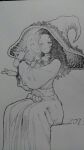  1girl blush collarbone commentary_request cracked_skin dated dress ekrea_jan ekurea_dji elden_ring extra_faces graphite_(medium) highres large_hat long_hair long_sleeves looking_at_viewer monochrome one_eye_closed open_mouth ranni_the_witch scan sitting solo traditional_media wavy_hair wide_sleeves 