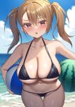  1girl alexmaster ball bare_shoulders beach beachball bikini black_bikini blue_sky blush breasts cleavage collarbone highres large_breasts long_hair looking_at_viewer navel open_mouth original sky solo swimsuit thighs twintails wet wide_hips 