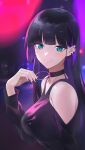  1girl absurdres aqua_eyes arm_up black_hair black_nails bocchi_the_rock! breasts chin_piercing choker dress ear_bar earrings gothic highres hime_cut jewelry long_hair looking_at_viewer medium_breasts milim_nova multiple_piercings nail_polish pa-san smile solo stud_earrings 