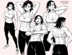  1girl abs armpits arms_up back character_name english_text hand_on_hip looking_at_viewer monochrome multiple_views muscular muscular_female original pants peach88 simple_background smile solo sports_bra sportswear track_pants 
