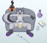  absurd_res anthro baby_powder bean_bag bodily_fluids bong canid canine canis clothed clothing diaper diaper_change diaper_only drug_paraphernalia drug_usage drugs feet fur furniture genital_fluids hi_res infantilism kinkojom lying male mammal marijuana nude on_back open_mouth peeing plushie relaxing sex_toy simple_background smile solo tail topless urine vibrator watersports wearing_diaper wet_diaper wetting wetting_diaper wetting_self wolf 