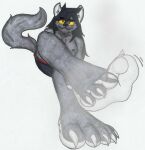  2023 5_toes anthro barefoot black_bottomwear black_clothing black_hair black_shorts bottomwear claws clothing countershade_feet countershading domestic_cat feet felid feline felis fluffy fluffy_tail foot_fetish foot_focus fur grey_body grey_fur hair hi_res humanoid_feet long_hair looking_at_viewer male mammal plantigrade prick_ears red_eyes shorts skonczonyidiota soles solo tail toe_claws toes traditional_media_(artwork) white_claws white_soles yellow_sclera 