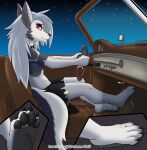  4_toes absurd_res anthro barefoot big_tail canid canid_demon car claws demon driving feet female foot_focus fur graham_(artist) grey_body grey_fur hair hellhound helluva_boss hi_res loona_(helluva_boss) mammal multicolored_body multicolored_fur night pawpads paws red_sclera silver_hair sky smile soles solo tail toe_claws toes two_tone_body two_tone_fur vehicle white_body white_eyes white_fur 