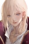  1boy absurdres bani-lizo bishounen blonde_hair blue_eyes blurry closed_mouth collarbone depth_of_field earrings eyelashes hair_behind_ear hair_between_eyes high_collar highres howl_(howl_no_ugoku_shiro) howl_no_ugoku_shiro jacket jewelry light_smile lips looking_at_viewer male_focus medium_hair portrait red_jacket shirt signature simple_background single_earring solo studio_ghibli white_background white_shirt 