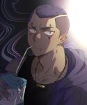  1boy absurdres black_tank_top drinking drinking_straw earrings facial_tattoo gold_necklace highres hood hoodie jewelry juice_box male_focus mouth_piercing nachos_(chos_na) necklace open_clothes open_hoodie original piercing short_hair solo tank_top tattoo undercut 