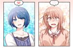  2girls black_shirt blue_eyes blue_hair blue_shirt blush brown_hair brown_shirt collared_shirt hanasato_minori heart jacket kiritani_haruka medium_hair multiple_girls open_mouth project_sekai red_ribbon ribbon shirt short_hair smile white_jacket yeonseong 