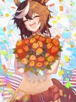  1girl ^_^ absurdres american_flag animal_ears belt blue_flower bouquet brown_hair brown_shorts brown_skirt carrot closed_eyes commission confetti cropped_shirt english_commentary flower head_tilt highres holding holding_bouquet horse_ears horse_girl horse_tail indie_virtual_youtuber midriff multicolored_hair navel pouch purple_flower short_hair shorts skirt smile solo sshooooe streaked_hair tail tomoe_umari virtual_youtuber white_flower white_hair 