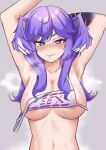  1girl absurdres areola_slip arm_behind_head armpits arms_up blue_eyes blush breasts clothes_writing dragon_girl fang head_wings heterochromia highres large_breasts long_hair looking_at_viewer navel nijisanji nijisanji_en nose_blush nude purple_eyes purple_hair purple_wings selen_tatsuki skin_fang solo steaming_body stomach sweat truubluu upper_body virtual_youtuber wings 