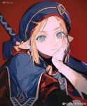  1boy akihare artist_name black_headwear blonde_hair blue_eyes closed_mouth earrings gloves hand_on_own_cheek hand_on_own_face highres jewelry link looking_ahead male_focus pointy_ears red_background simple_background solo sword the_legend_of_zelda weapon white_gloves 