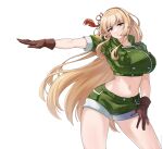  1girl absurdres blonde_hair breasts brown_gloves chinese_knot cosplay gloves green_shorts hairband highres large_breasts last_origin leona_heidern leona_heidern_(cosplay) leona_of_blood_&amp;_iron long_hair midriff military_uniform navel noonnoon531 shorts simple_background solo the_king_of_fighters uniform very_long_hair white_background 