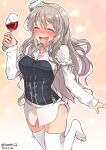  1girl alcohol bodice closed_eyes cup drinking_glass drunk gradient_background grey_hair hat highres izumikuma kantai_collection mini_hat no_pants one-hour_drawing_challenge pink_background pola_(kancolle) running shirt smile solo thighhighs tilted_headwear wavy_hair white_shirt white_thighhighs wine wine_glass 