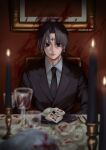  1boy absurdres black_eyes black_hair blood blood_on_wall candle chrollo_lucilfer commentary_request cup drinking_glass earrings fork formal highres hunter_x_hunter indoors jewelry knife looking_at_viewer male_focus necktie shirt short_hair sitting smnsutycoc solo suit table white_shirt wine_glass 