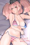  1girl american_flag_bikini atlanta_(kancolle) bikini breasts brown_hair cleavage collarbone earrings flag_print furaggu_(frag_0416) garrison_cap grey_eyes hat highres jewelry kantai_collection large_breasts long_hair looking_at_viewer lying navel on_back open_mouth side-tie_bikini_bottom solo star_(symbol) star_earrings swimsuit two_side_up 