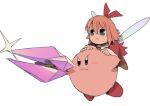  1boy 1girl bendedede blue_eyes bow carrying carrying_person colored_skin dress fairy fairy_wings hair_bow holding holding_crystal holding_weapon kirby kirby_(series) kirby_64 pink_hair pink_skin red_bow red_dress red_footwear red_ribbon ribbon ribbon_(kirby) serious weapon wings 