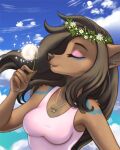  2023 4:5 5_fingers anthro breasts brown_body brown_fur brown_hair clothed clothing day deer detailed_background digital_media_(artwork) eyebrows eyelashes eyes_closed female fingers fur hair ketty mammal outside sky solo 