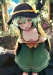 1girl :d absurdres blush breasts feet_out_of_frame green_eyes green_hair green_skirt hair_between_eyes hat heart heart_of_string highres kamunika komeiji_koishi leaning_forward long_sleeves looking_at_viewer lower_teeth_only medium_breasts nipples open_clothes open_mouth open_shirt outdoors shirt skirt smile solo teeth textless_version third_eye touhou wide_sleeves yellow_shirt 