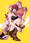  2girls bare_shoulders boots breasts choker cleavage cloud curly_hair darwh green_eyes highres jojo_no_kimyou_na_bouken midriff multiple_girls pink_hair short_hair skirt spice_girl_(stand) squatting strapless trish_una tube_top vento_aureo yellow_background 