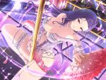  1girl choker dress earrings feathers folding_fan forehead hand_fan highres jewelry official_alternate_costume official_alternate_hairstyle official_art plunging_neckline pole_dancing purple_hair red_eyes senran_kagura senran_kagura_new_link short_dress stage_lights stripper_pole suzune_(senran_kagura) thigh_strap yaegashi_nan 