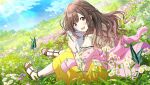  1girl :d back_cutout blue_butterfly blue_sky blush bobby_pin bracelet braid brown_eyes brown_footwear brown_hair bug butterfly cardigan clothes_down clothing_cutout cloud dandelion day field flower flower_field french_braid game_cg grass head_tilt holding holding_paper idolmaster idolmaster_shiny_colors jewelry leaf leaf_on_head long_hair long_skirt looking_at_viewer looking_back no_socks official_art on_ground open_mouth outdoors paper pigeon-toed pink_cardigan shirt short_sleeves sidelocks sitting skirt sky smile solo tsukioka_kogane wavy_hair white_shirt yellow_skirt 
