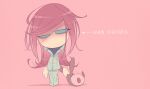  1girl 5health blue_eyes commentary_request disembodied_limb highres holding holding_stuffed_toy kirby_(series) long_hair looking_at_viewer messy_hair pajamas pink_background pink_hair polof simple_background stuffed_toy susie_(kirby) 