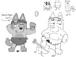  accessory anthro australian_cattle_dog axe bandit_heeler barbarian bluey_(series) bottomwear canid canine canis cattledog clothing domestic_dog english_text flexing headband herding_dog male mammal mightiezz monochrome muscular muscular_male pastoral_dog screencap simple_background sketch smile solo text tree_stump 