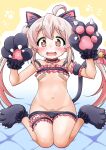  1girl :d akou_roushi animal_ear_fluff animal_ears animal_hands bandaid bandaid_on_pussy bandaids_on_nipples black_bra black_panties blush bra bra_lift breasts brown_eyes cat_cutout cat_ears cleavage_cutout clothing_cutout commentary_request fake_animal_ears fangs frilled_bra frilled_panties frills gloves hands_up looking_at_viewer navel on_bed onii-chan_wa_oshimai! oyama_mahiro panties pasties paw_gloves paw_pose pink_hair sitting small_breasts smile solo straight-on sweat underwear wariza yellow_background 