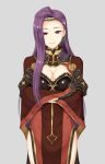  1girl absurdres breasts circlet cleavage commentary crossed_arms dress earrings facing_viewer fire_emblem fire_emblem_echoes:_shadows_of_valentia highres jewelry long_hair looking_at_viewer pazuzu438 purple_eyes purple_hair red_dress simple_background smile sonya_(fire_emblem) zettai_ryouiki 
