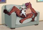  abdominal_bulge ahegao anthro balls bell blood bodily_fluids bow_ribbon brown_body brown_fur claws collar couch_sex duo female fur furniture genitals grey_body grey_fur hi_res holding_partner hyena kingdragyn looking_pleasured male male/female mammal mouse murid murine nonbinary_(lore) open_mouth pawpads paws rodent scratches sex size_difference sofa tongue tongue_out vaginal 