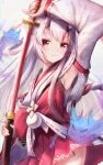  1girl absurdres arm_up blush detached_sleeves highres holding holding_sword holding_weapon hololive horns japanese_clothes karma_(nakiri_ayame) kimono long_hair looking_at_viewer multicolored_hair nakiri_ayame nakiri_ayame_(shrine_maiden) official_alternate_costume oni oni_horns red_eyes red_hair sarasuty sheath shiranui_(nakiri_ayame) sidelocks smile streaked_hair sword unsheathing virtual_youtuber weapon white_hair white_kimono white_sleeves 