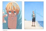  +_+ 1boy angry beach black_pants blonde_hair blue_eyes blue_sky highres hood hoodie hoshino_aquamarine looking_at_viewer open_mouth oshi_no_ko pants sand short_hair sky solo tsunkyunn water 