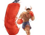  1boy abs absurdres atlas_vos boxer boxing_gloves brown_hair clenched_teeth commission cow_horns facial_hair goatee grey_shorts highres horns indie_virtual_youtuber male_focus muscular muscular_male nishimura_kinu_(style) pectorals pink_shirt punching punching_bag red_eyes setsuna_kasugano shirt shorts teeth v-shaped_eyebrows veins veiny_arms veiny_thighs virtual_youtuber white_background 