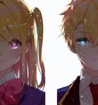  1boy 1girl blonde_hair blue_eyes blue_jacket bow bowtie brother_and_sister chromatic_aberration closed_mouth collared_shirt commentary expressionless hair_between_eyes hoshino_aquamarine hoshino_ruby jacket light_particles long_hair looking_at_viewer necktie one_side_up oshi_no_ko oto1_030 pink_bow pink_bowtie pink_eyes red_necktie school_uniform shirt short_hair siblings sidelocks simple_background smile star-shaped_pupils star_(symbol) symbol-shaped_pupils twins upper_body white_background white_shirt youtou_high_school_uniform 