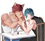  2boys animal_ears aphelios bara black_nails black_tank_top blue_hair blue_pants blush brown_hair closed_eyes couple heartsteel_(league_of_legends) heartsteel_aphelios heartsteel_sett highres holding large_pectorals league_of_legends male_focus manicure multiple_boys muscular muscular_male nail_polish nail_polish_brush painting_nails pants pectorals scar scar_on_face scar_on_nose sett_(league_of_legends) short_hair tank_top teeth tzar_game white_tank_top yaoi 