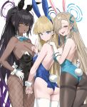  3girls :p animal_ears ass asuna_(blue_archive) asuna_(bunny)_(blue_archive) black_hair black_leotard blonde_hair blue_archive blue_eyes blue_leotard bow bowtie breasts brown_pantyhose commentary dark-skinned_female dark_skin detached_collar earpiece english_commentary fake_animal_ears fake_tail fishnet_pantyhose fishnets gloves hair_over_one_eye halo hand_on_another&#039;s_shoulder high_ponytail highres hood_(james_x) karin_(blue_archive) karin_(bunny)_(blue_archive) large_breasts leotard long_hair looking_at_viewer medium_breasts microphone multiple_girls official_alternate_costume pantyhose playboy_bunny rabbit_ears rabbit_tail strapless strapless_leotard tail thighband_pantyhose thighhighs toki_(blue_archive) toki_(bunny)_(blue_archive) tongue tongue_out v very_long_hair white_gloves white_thighhighs wrist_cuffs yellow_eyes 