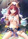 1girl :d absurdres aqua_eyes areola_slip bare_shoulders blue_bow blue_gemstone blue_nails blue_skirt blurry blurry_background bow bracer breasts bridal_gauntlets brooch circlet cleavage condom condom_wrapper detached_sleeves fake_horns fungi_(genshin_impact) gem genshin_impact hand_up harem_outfit highres holding holding_condom horns jewelry kazamatsuri_honatsu long_hair long_sleeves looking_at_viewer medium_breasts nail_polish navel neck_ring nilou_(genshin_impact) outdoors parted_bangs pelvic_curtain puffy_long_sleeves puffy_sleeves raised_eyebrows red_hair see-through see-through_sleeves sidelocks sitting skirt smile solo spread_legs stomach tattoo thighlet thighs twintails wet white_headwear 