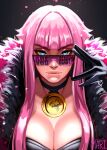  1girl absurdres adjusting_eyewear black_choker black_gloves blue_eyes breasts choker cleavage commentary english_commentary english_text facing_viewer feather_boa gloves hair_intakes highres large_breasts looking_at_viewer manon_(street_fighter) mariquita_mari medallion official_alternate_costume pendant_choker pink_hair pink_lips purple-tinted_eyewear rimless_eyewear short_hair_with_long_locks solo street_fighter street_fighter_6 sunglasses tinted_eyewear upper_body 