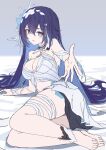  1girl barefoot blue_eyes breasts clothing_cutout dress highres honkai_(series) honkai_impact_3rd large_breasts looking_at_viewer lying on_side open_mouth outstretched_arm purple_hair seele_vollerei_(herrscher_of_rebirth) solo stomach_cutout thigh_strap white_dress xfate 