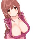  1girl alternate_costume apron arms_behind_back blush breasts brown_eyes brown_hair closed_mouth commentary_request frilled_apron frills io_(princess_connect!) io_(real)_(princess_connect!) large_breasts long_hair looking_at_viewer princess_connect! sa_(nax49) simple_background smile solo upper_body white_background 