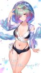  1girl bikini breasts crystal dress fire_emblem fire_emblem_heroes gradient_hair green_hair hair_over_one_eye haru_(nakajou-28) highres hood jewelry kvasir_(fire_emblem) medium_hair midriff multicolored_hair navel purple_hair small_breasts solo stomach swimsuit thighhighs thighs yellow_eyes 