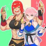  2girls :d blue_eyes closed_eyes dougi fingerless_gloves food gloves highres hime_cut hip_vent holding_ice_cream ice_cream luci_omi_gusu manon_(street_fighter) marisa_(street_fighter) martial_arts_belt midriff multiple_girls muscular muscular_female off_shoulder panty_straps pink_hair red_hair short_hair sidelocks smile sports_bra street_fighter street_fighter_6 