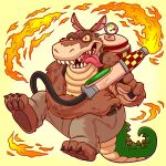  1boy brown_pants crash_bandicoot_(series) dated dingodile flamethrower furry furry_male highres holding holding_weapon luchosfactory open_mouth pants sharp_teeth simple_background solo teeth tongue tongue_out watermark weapon yellow_background 