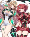  2girls absurdres bare_shoulders blonde_hair blush breasts chest_jewel earrings fingerless_gloves gem gloves headpiece highres jewelry large_breasts long_hair looking_at_viewer multiple_girls mythra_(xenoblade) pyra_(xenoblade) red_eyes red_hair shinae short_hair smile swept_bangs thigh_strap thighhighs thighs tiara very_long_hair xenoblade_chronicles_(series) xenoblade_chronicles_2 