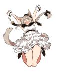  1girl :d ^_^ animal_ears arms_up black_bow black_bowtie black_footwear bow bowtie braid cat_ears cat_girl cat_tail closed_eyes commentary curly_hair dress drill_hair drill_sidelocks facing_viewer final_fantasy final_fantasy_xiv flower frilled_dress frills full_body hair_bow hair_flower hair_ornament happy jionghai jumping layered_dress light_brown_hair loafers long_hair midair miqo&#039;te open_mouth outstretched_arms shoes sidelocks simple_background single_braid smile solo symbol-only_commentary tail twin_drills warrior_of_light_(ff14) white_background white_dress wrist_cuffs 